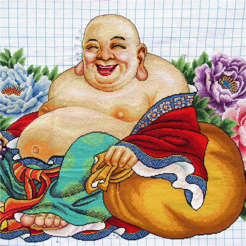 手工十字绣弥勒佛笑口常开牡丹版新款佛教客厅挂画14米70cm