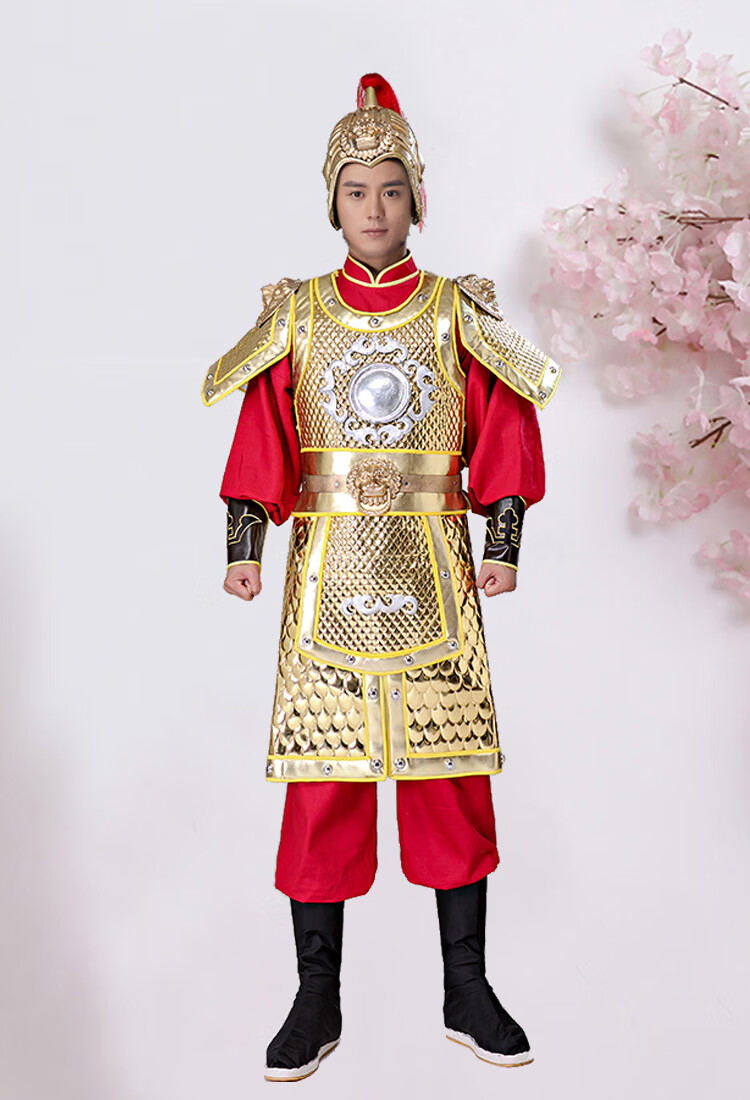 锁子甲古装男款古代盔甲将军大帅大将戏服岳飞演出服装金色铠甲披风