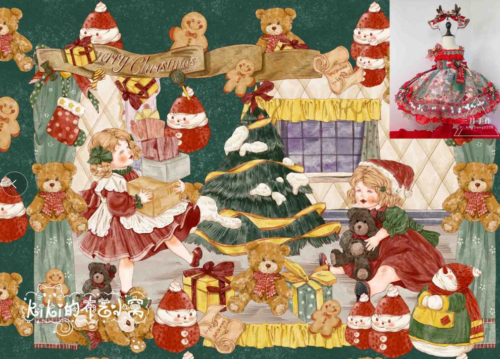 洛丽塔布料kiki原创圣诞女孩lolita柄图布料娃衣童装棉花娃娃衣服