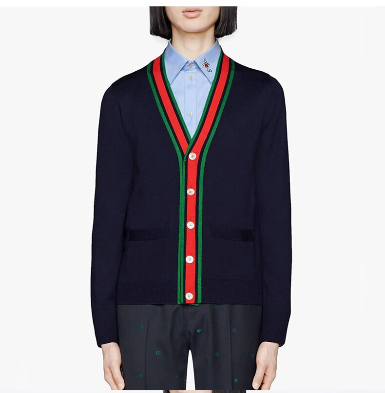 gucci/古驰 男士条纹装饰v领开襟羊毛针织衫奢侈品 576901xkaum4650 l