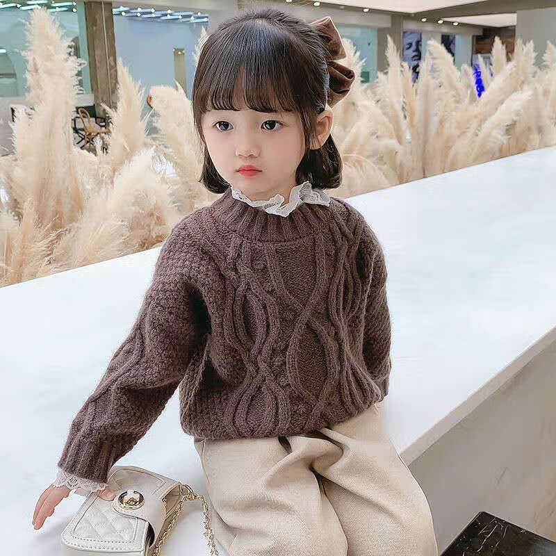 女童毛衣蕾丝领秋冬新款中大童韩版套头纯色洋气可爱针织儿童毛衣粉红