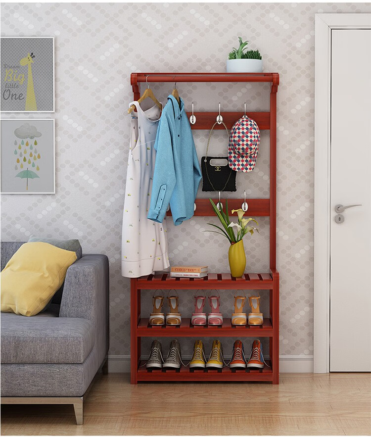 鞋架带挂衣架实木衣帽架简易卧室落地挂衣架鞋架一体组合简约现代家用