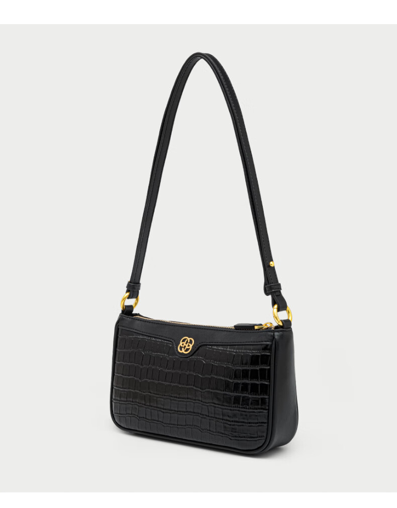 红谷hongu女包新品休息牛皮百搭单肩包气质腋下鳄鱼纹包包漆黑