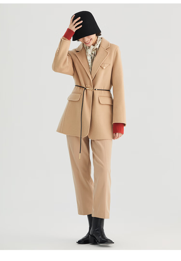 eachway/艺之卉 2021春冬新品暖调杏色天丝保暖呢经典西装式大衣 21暖