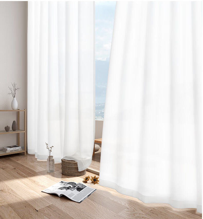 白纱纱帘窗帘日式透光不透人阳台卧室飘窗挂钩式防晒纱白色纱幔 加厚
