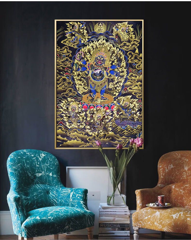 新品轻奢高端黑唐卡装饰画财神财宝天王办公室画客厅藏式入户挂画文殊
