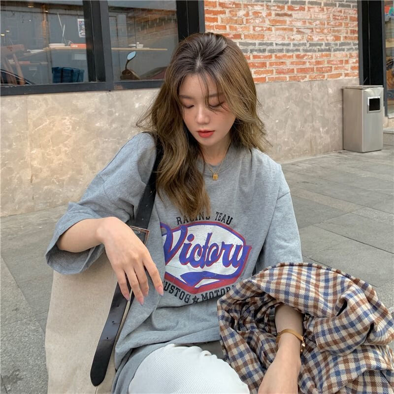 当季新品港风新款宽松t恤女夏季韩版原宿风中长款复古短袖学生上衣ins