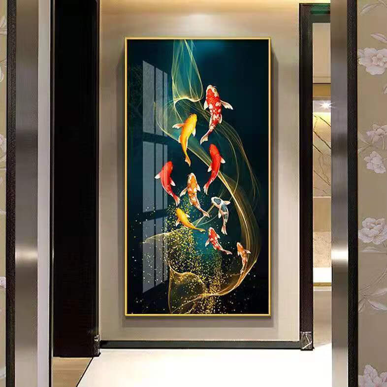 图老大tulaoda九鱼风水玄关装饰画走廊入户过道挂画轻奢客厅镶钻晶瓷