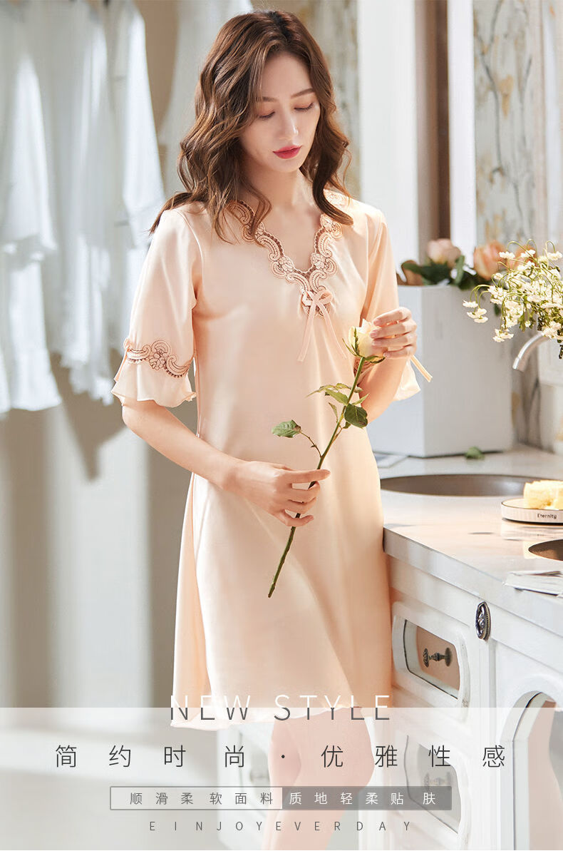 女士春夏季睡裙睡衣女夏韩版短袖蕾丝性感真丝绸宽松薄款冰丝睡裙春秋