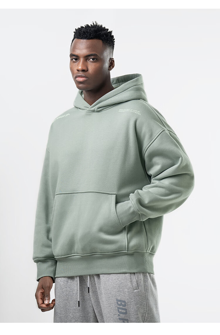 bdpowerup运动连帽卫衣男加绒加厚摇粒绒保暖极简套头衫灰绿色m