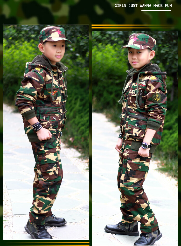 新款冬装儿童迷彩服套装男童加绒厚棉服绿色军绿色小孩休闲女童男童