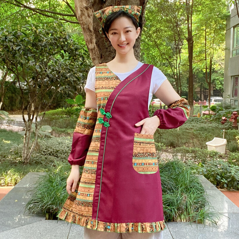中式复古围裙中式盘扣民族风防水防油厨房家用围裙女款花布围腰套装