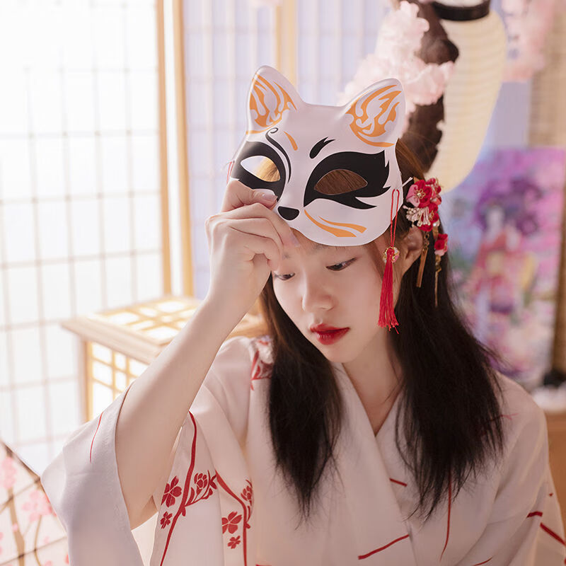发光头饰款半脸猫狐狸面具手绘同款日式和风动漫男女派对舞会面具半脸
