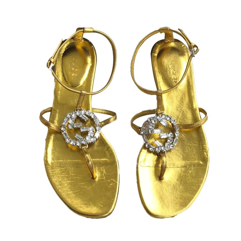 奢古驰gucci水晶双g凉鞋金色皮面金色欧码365