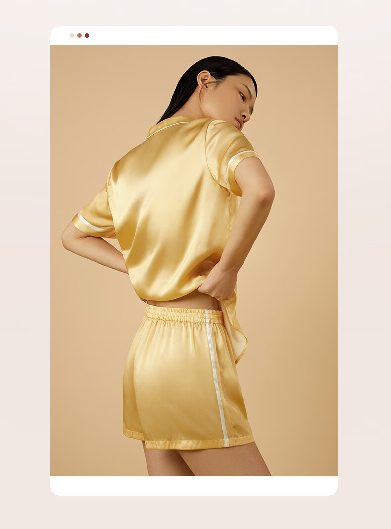 金三塔真丝睡衣女春夏100桑蚕丝素绉缎短袖短裤丝绸女士睡衣家居服