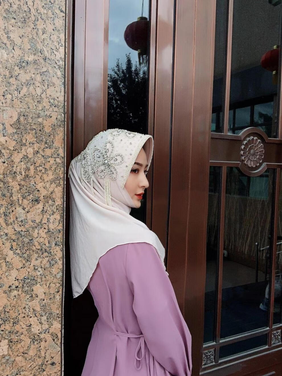 阖萱回族女人的套头纱巾套头纱巾包下巴回族头套四季串珠三朵花黑色