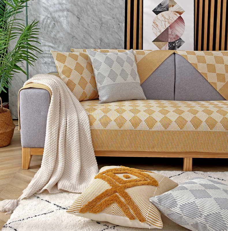 四季通用沙发垫布艺坐垫简约现代棉麻北欧客厅防滑家用沙发巾套罩菱形