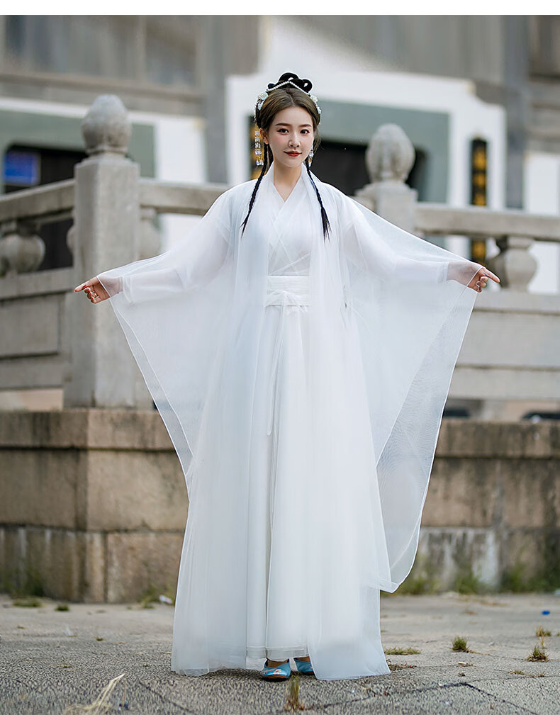 弹古筝的古装衣服白色改良汉服女仙女演出服飘逸超仙气广袖流仙裙全套