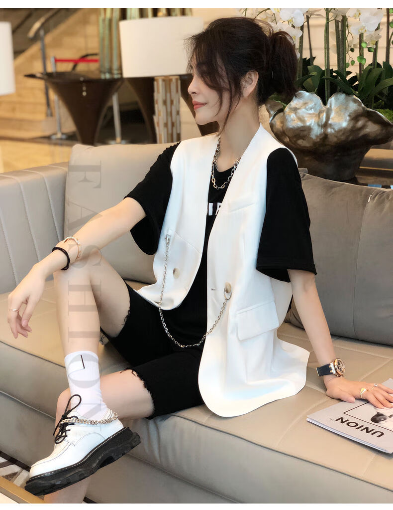 黑色马甲短袖t恤上衣套装女时尚休闲两件套2022年夏季新款欧白色马甲