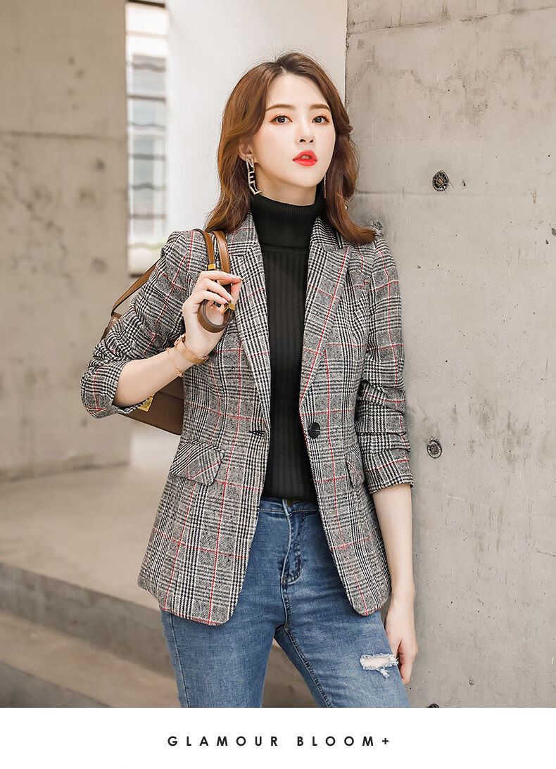 kouyiya女装格子小西装外套女春秋新款百搭韩版西服时尚修身上衣女