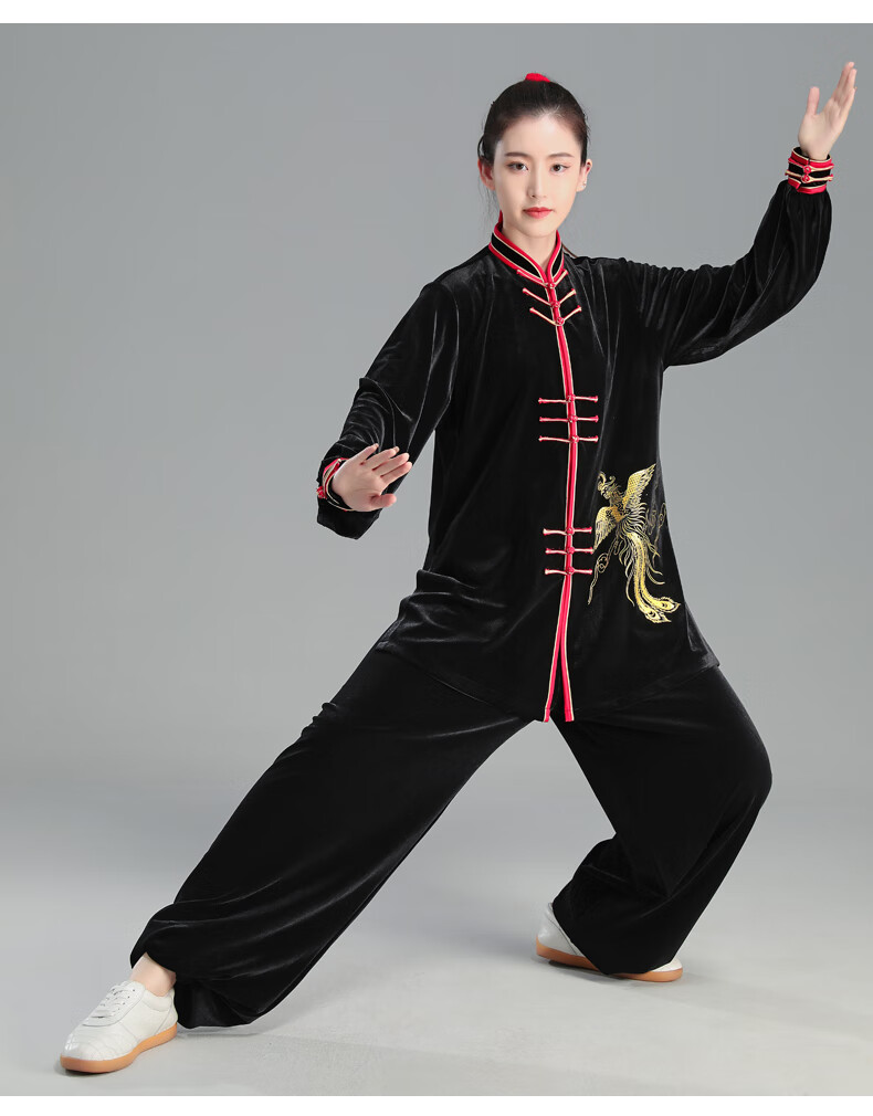 绒太极服秋冬加厚2022新款凤凰图案服装金丝绒太极拳练功服女黑色s