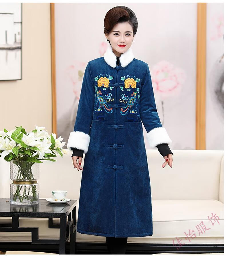 妈妈唐装外套女中长款刺绣民族风棉袄中老年女装加厚冬装棉衣蓝色922