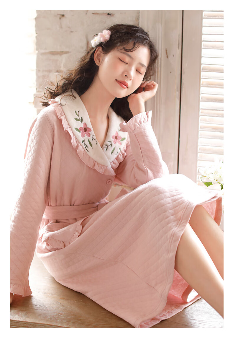 日式中长款空气棉睡袍女款春秋薄夹棉冬季纯棉甜美水蜜桃浴袍睡裙aa