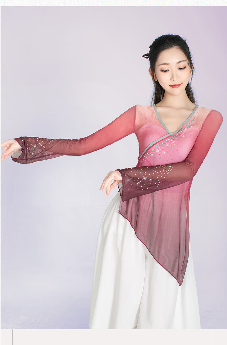 古典舞舞蹈服练功服女身韵纱衣仙气飘逸渐变烫钻艺考上衣女渐变紫上衣