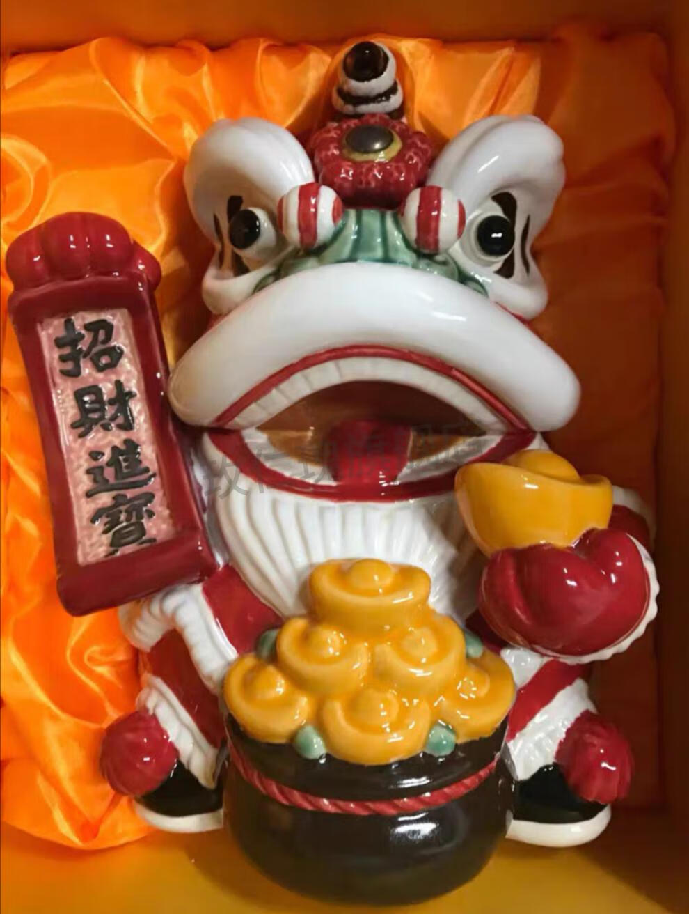 陶瓷醒狮石湾公仔佛山舞狮头旅游手信风水礼创意车摆件白色醒狮锦盒装
