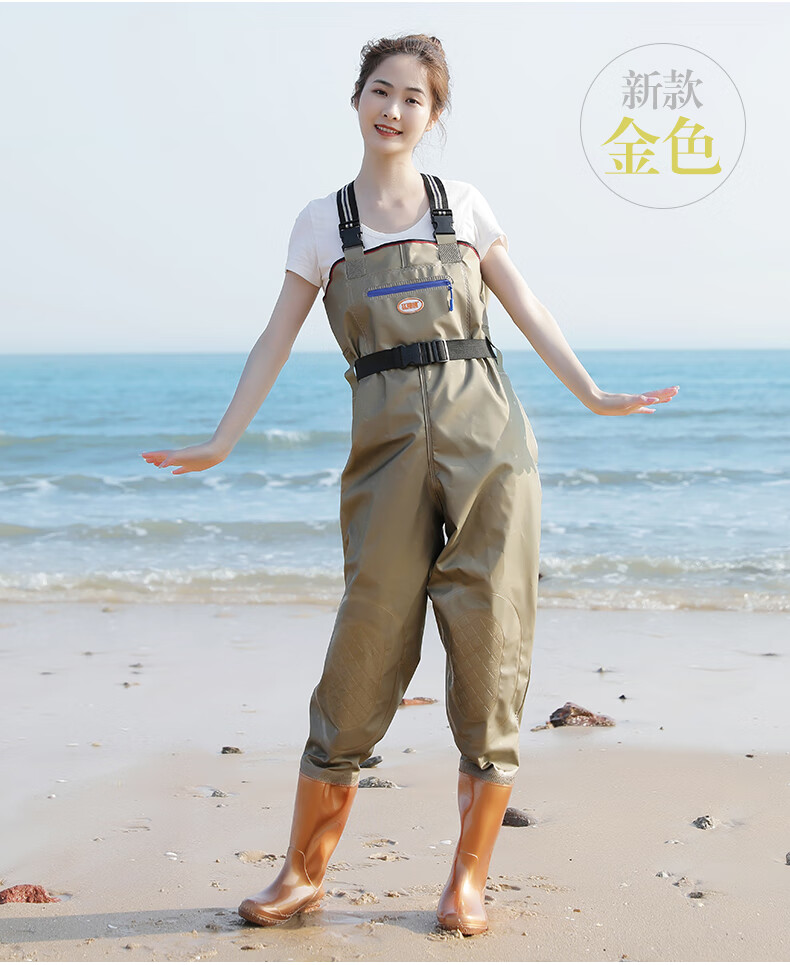 下水裤带雨鞋的连体裤女士半身抓捕鱼沙滩防水雨裤男女儿童赶海涉水