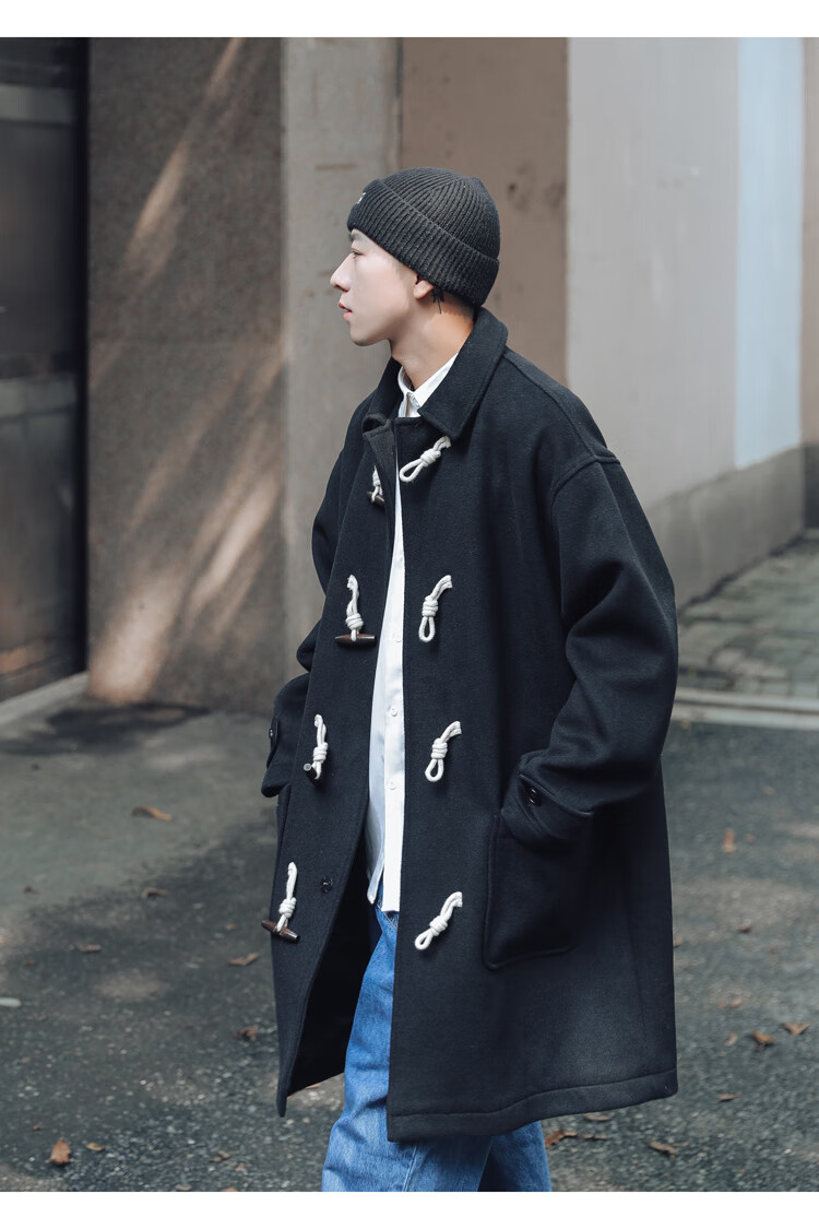 快乐嘉人日系牛角扣大衣男中长款冬季毛呢外套成熟稳重男装翻领呢子绒