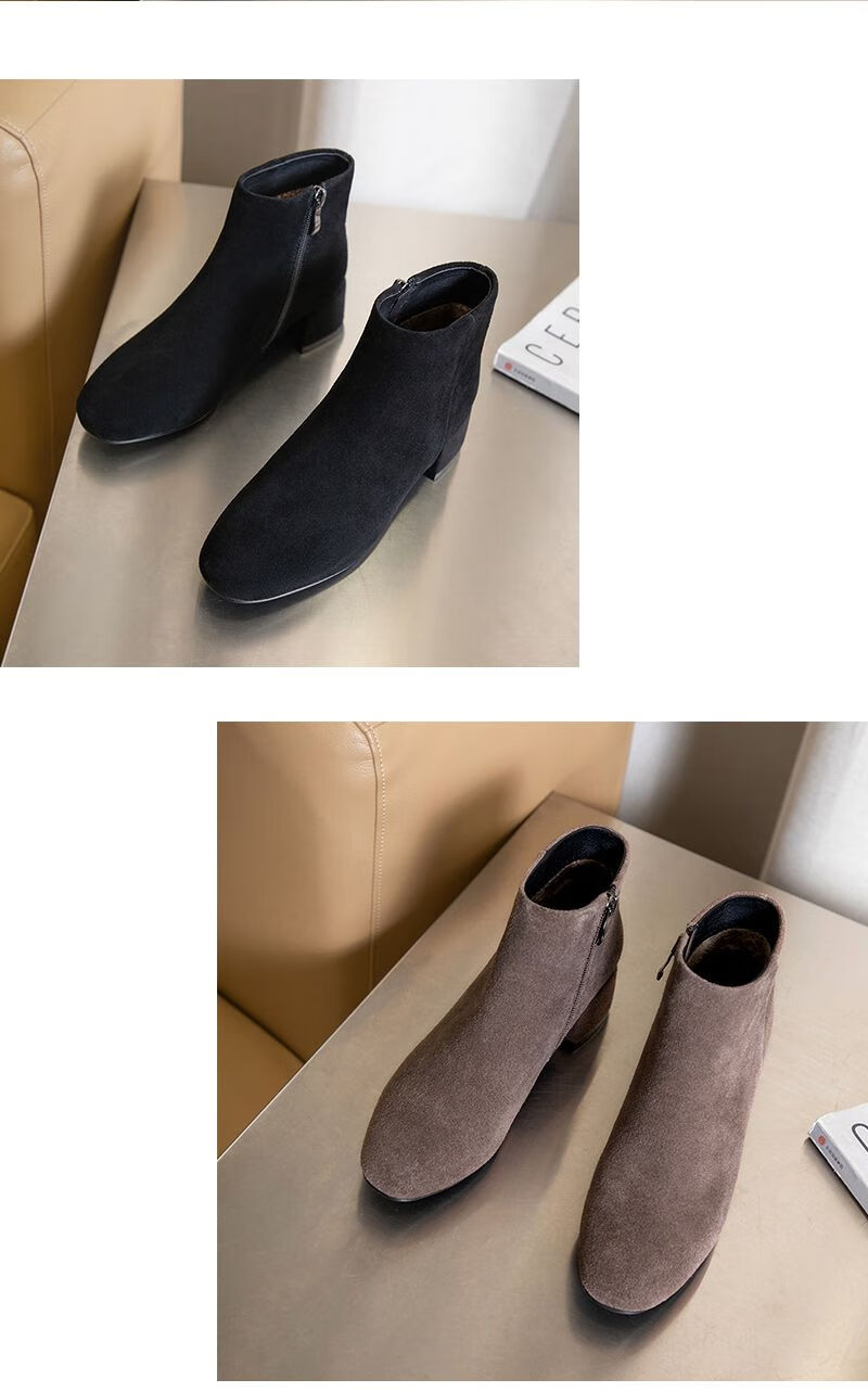 贺世哲女士翻毛皮加厚棉鞋冬季加绒磨砂方头小跟短靴粗跟低跟大码女鞋