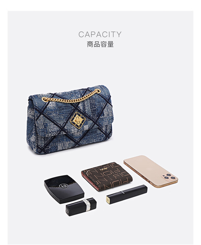 fion菲安妮菱格链条小方包2021新款油画斜挎单肩包轻奢手提包女深蓝