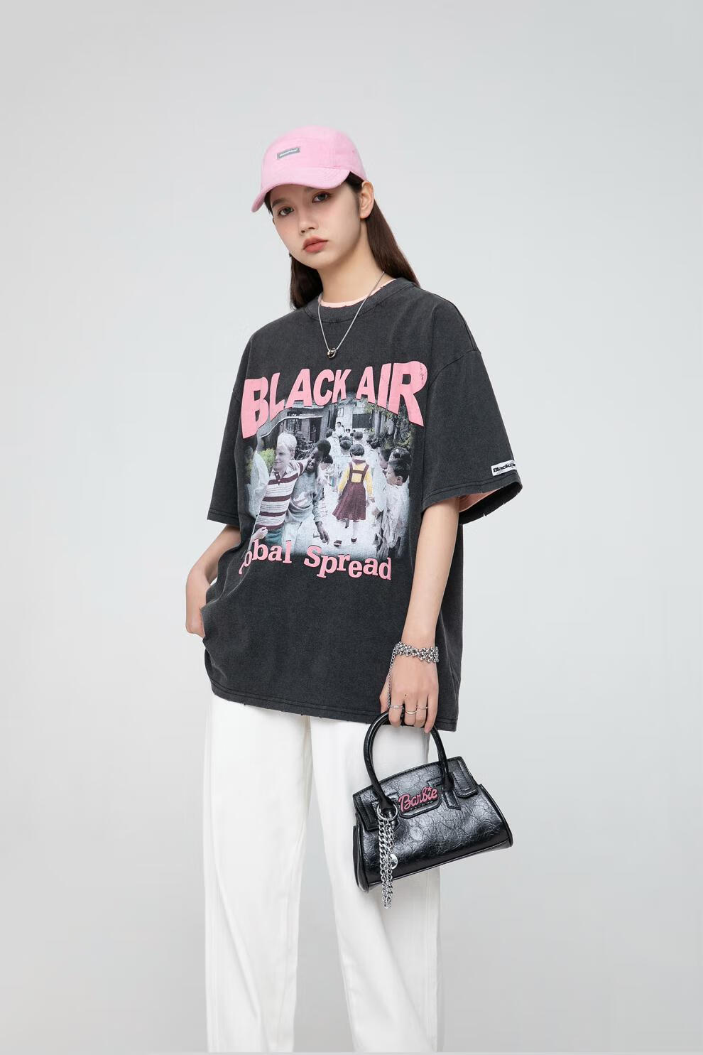 2wards秋季blackpink美式复古做旧发泡字母慵懒黑粉短袖t恤男黑色xl