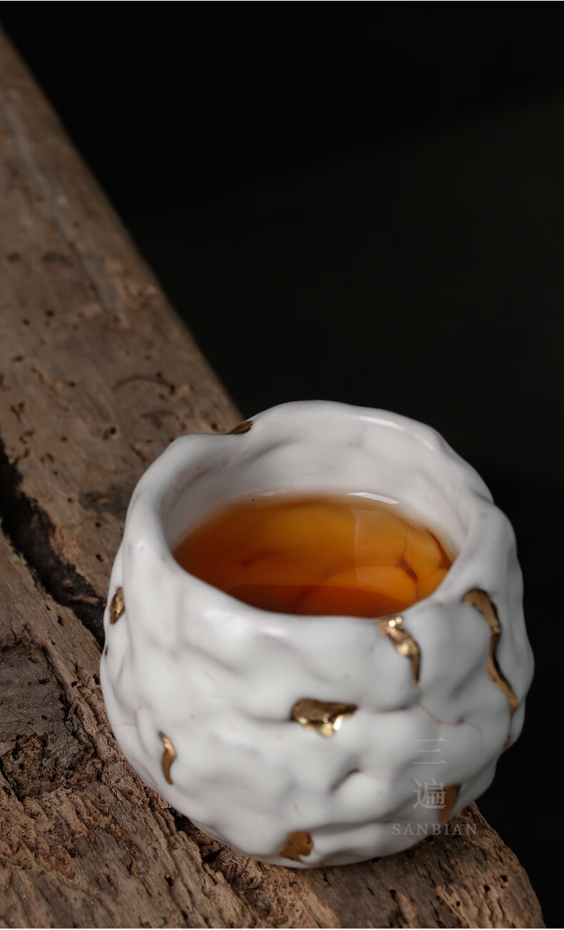 有田烧杯子24k点金主人杯柴烧功夫茶杯开片可养手工金盏杯单杯志野点