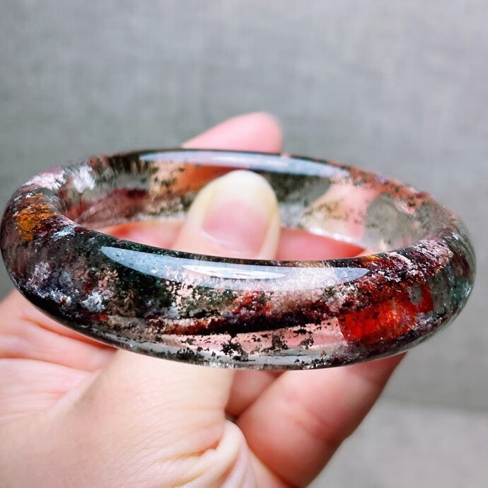 古珍彩幽灵手镯绿幽灵原石打磨红胶花水晶镯子女款55一物一图送长辈