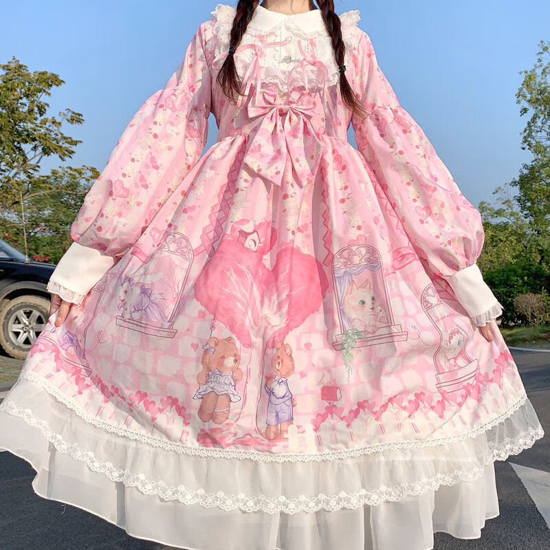 设计甜心小镇op长袖洛丽塔裙子lolita裙学生可爱连衣裙萌紫色罩纱m小