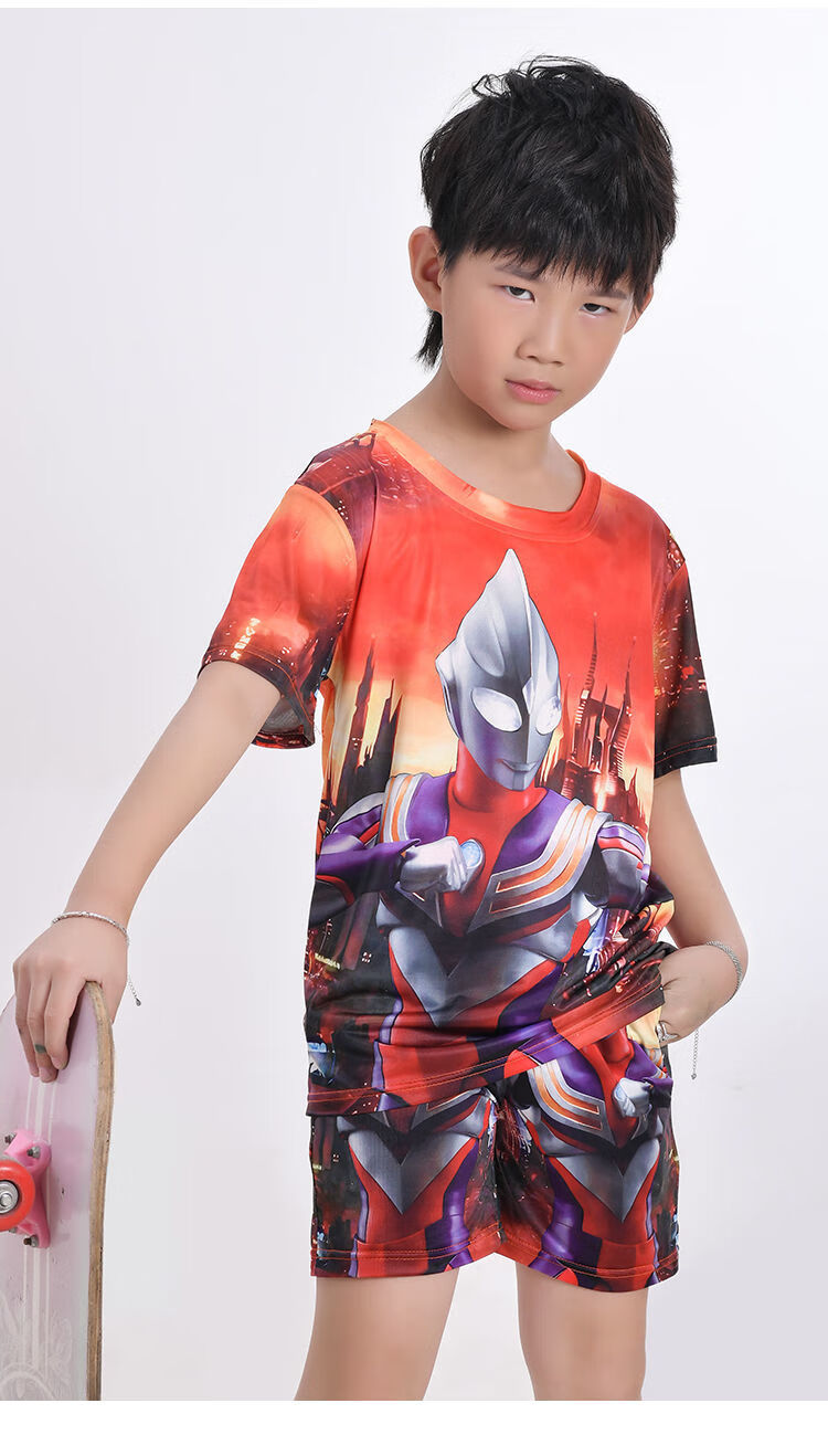 迪迦奥特曼衣服奥特曼儿童冰丝套装男童宝宝童装超人衣服赛罗卡通图案