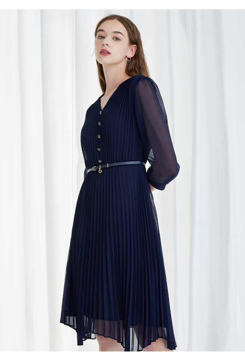 scofield女装22春夏季新品v领气质高腰五分袖设计感中长款连衣裙蓝色