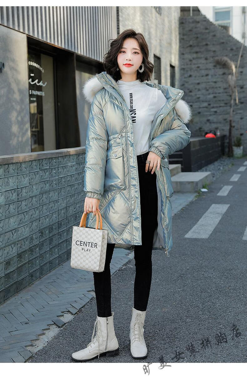 旷美2021年冬装新款韩版加厚棉衣连帽大毛领亮面中长款外套棉服女米