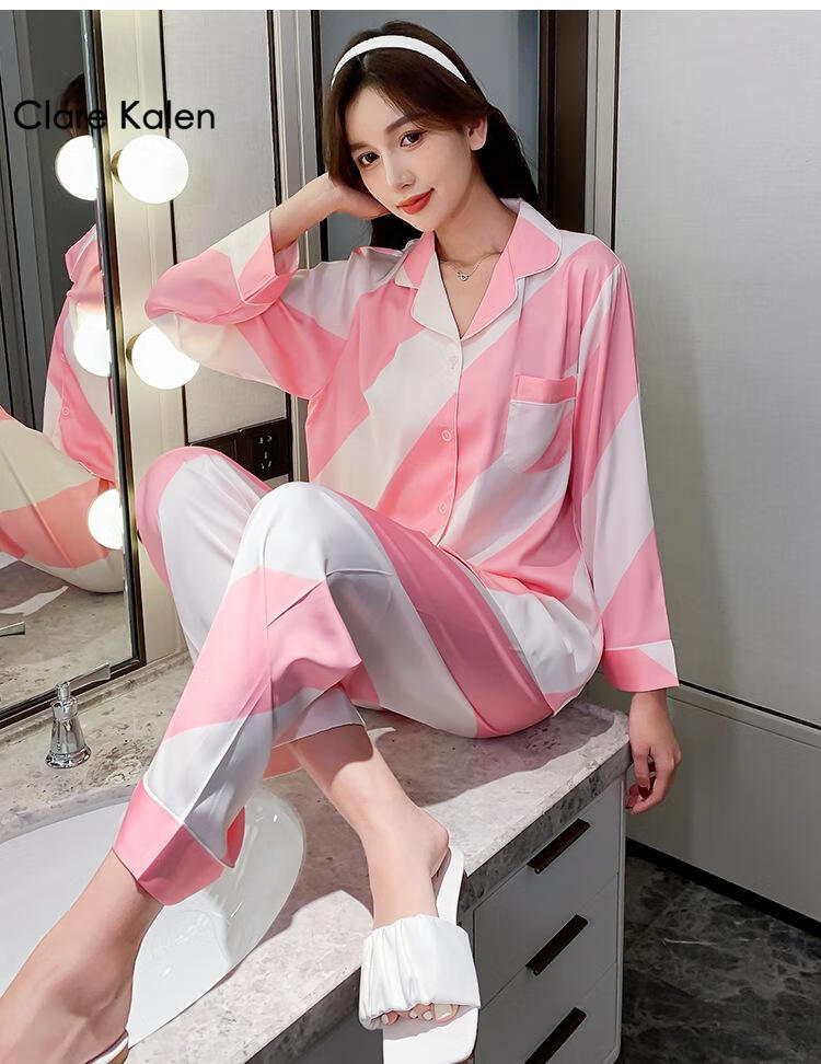 clarekalen乔晶晶热巴同款睡衣女冰丝秋季长袖套装粉条纹两件套家居服