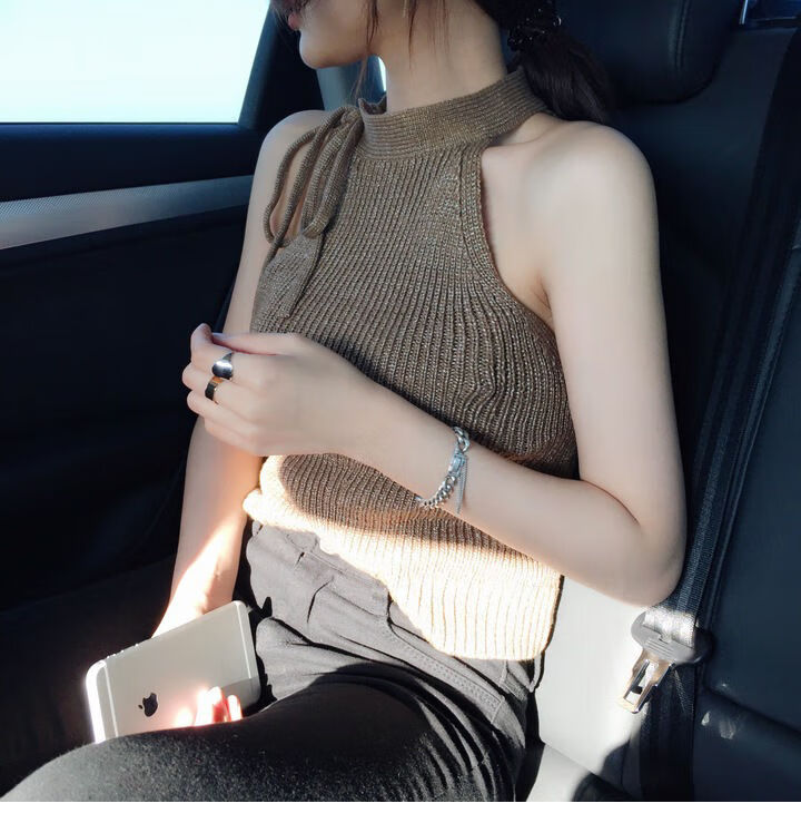 叽歪狗性感夏季斜肩系绳挂脖吊带背心性感漏锁骨无袖针织上衣女短款外