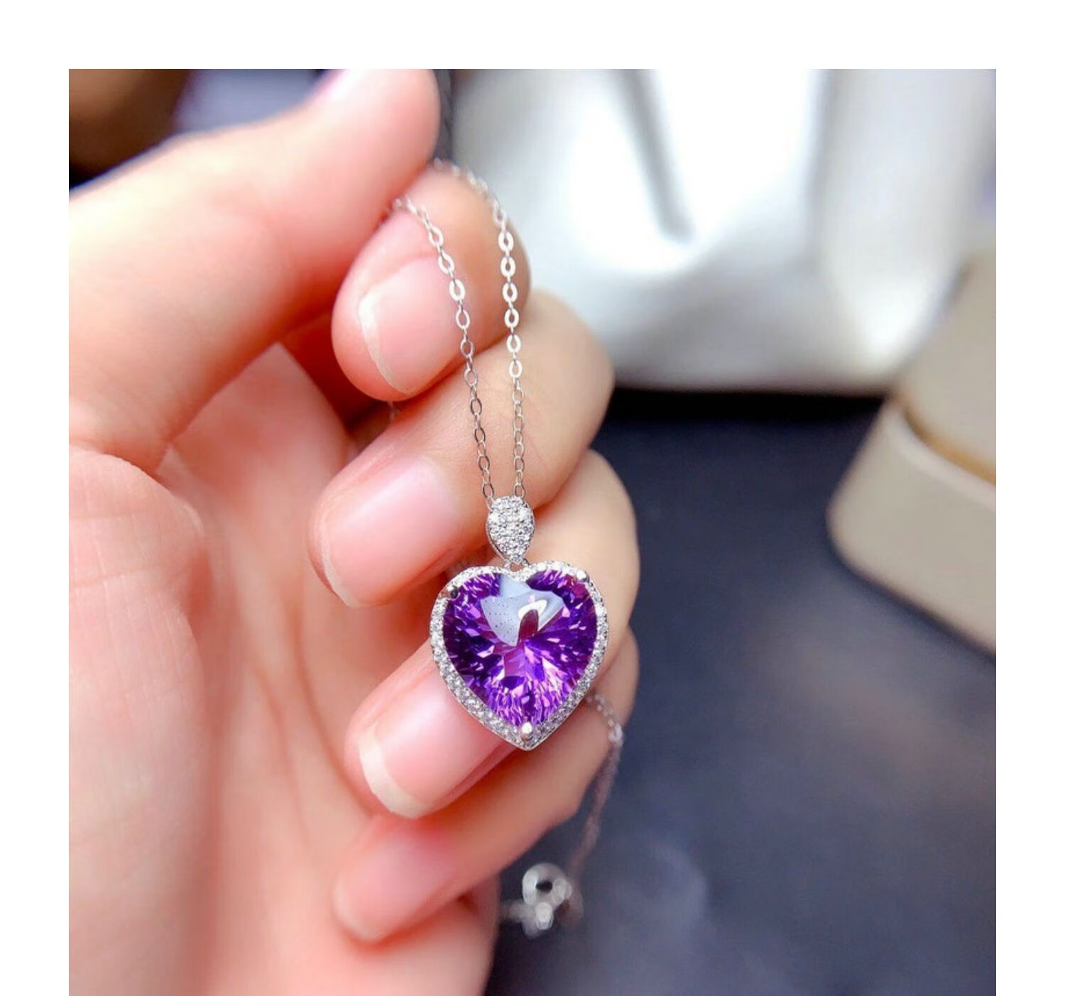 钻芙妮天然紫水晶吊坠女s925银项链千禧切工心形紫晶宝石锁骨链带证书