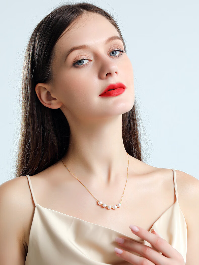 欧思图轻奢品牌金色akoya微笑珍珠项链金色珠天然海水强光五珠路路通