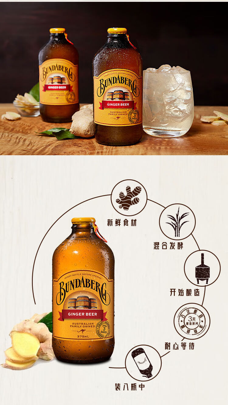 宾得宝bundaberg澳洲进口姜汁汽水啤酒无酒精气泡水饮料375ml4瓶4瓶