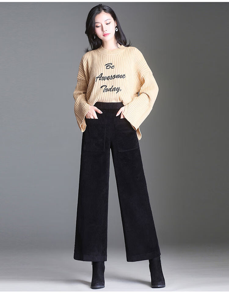 特价捡漏2021百搭秋冬女宽松条绒裤加绒加厚宽腿裤灯芯绒裤子黑色加绒