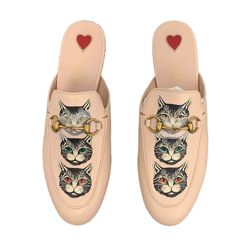 精品gucci古驰粉色皮质三只猫咪女士乐福凉拖粉色欧码365