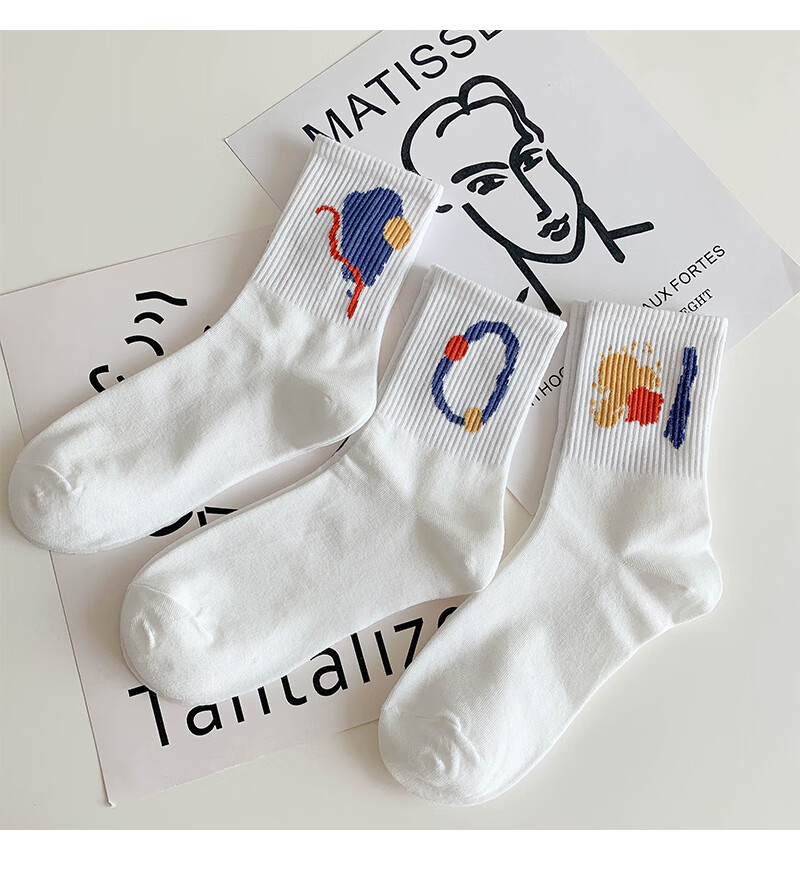 鑫星雅涂鸦袜子白色运动长袜女秋冬季潮流棉韩国日系涂鸦扎染冬天中筒
