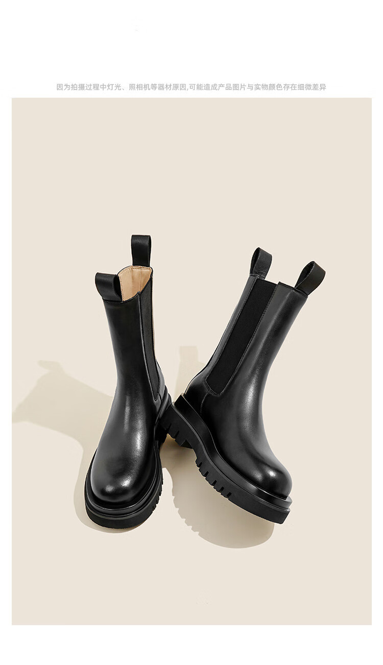 烟管靴女切尔西烟筒厚底增高皮靴松糕底短靴加绒头层靴子秋冬女经典黑