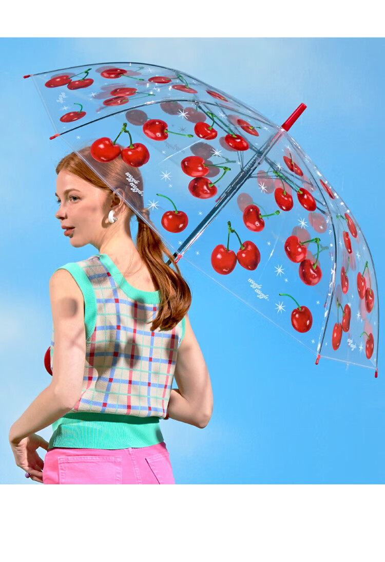 wiggle新款透明雨伞半自动长柄ins风满满拍照神器 透明雨伞_超甜樱桃